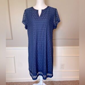 Isaac Mizrahi Live Large Blue Lace Overlay Shift Dress Lace Geometric Dot
